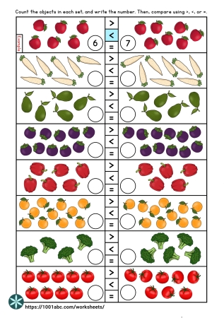 Counting - comparing numbers - fruits vegetables - kindergarten worksheets