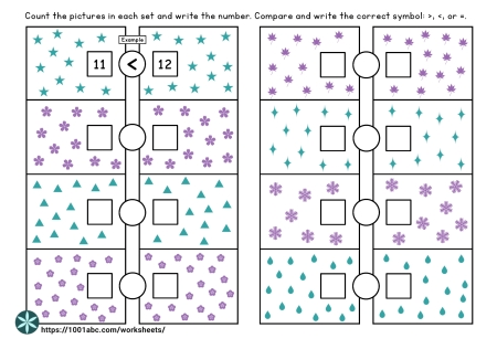 Counting - comparing numbers - more or less - kindergarten worksheets