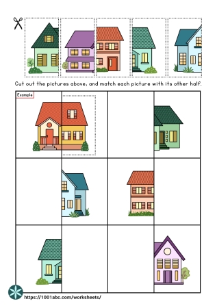 Cut and paste - visual closure - house - preschool kindergarten worksheets