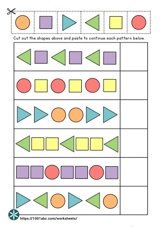 Pattern recognition cut and paste shape preschool kindergarten worksheets
