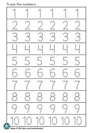 Number Tracing | 1–10 | Preschool - Kindergarten Worksheets