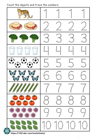 Number tracing - counting objects - preschool kindergarten worksheets