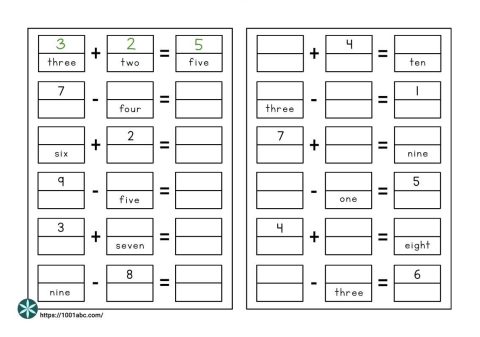 Numbers as words addition substraction worksheets