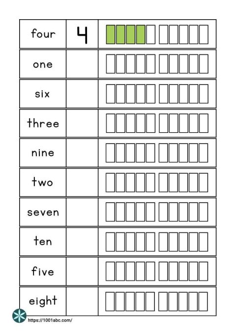 Numbers as words coloring rectangle worksheets