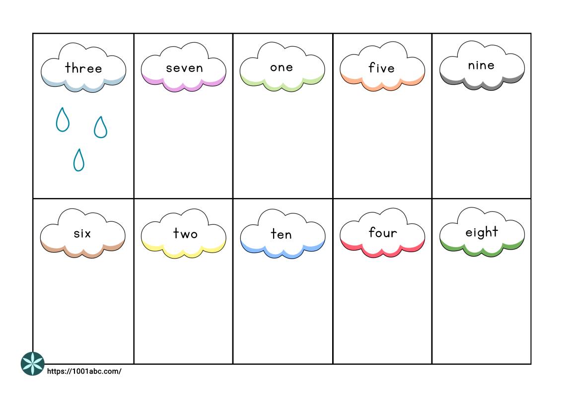 Numbers as words raindrops drawing worksheets