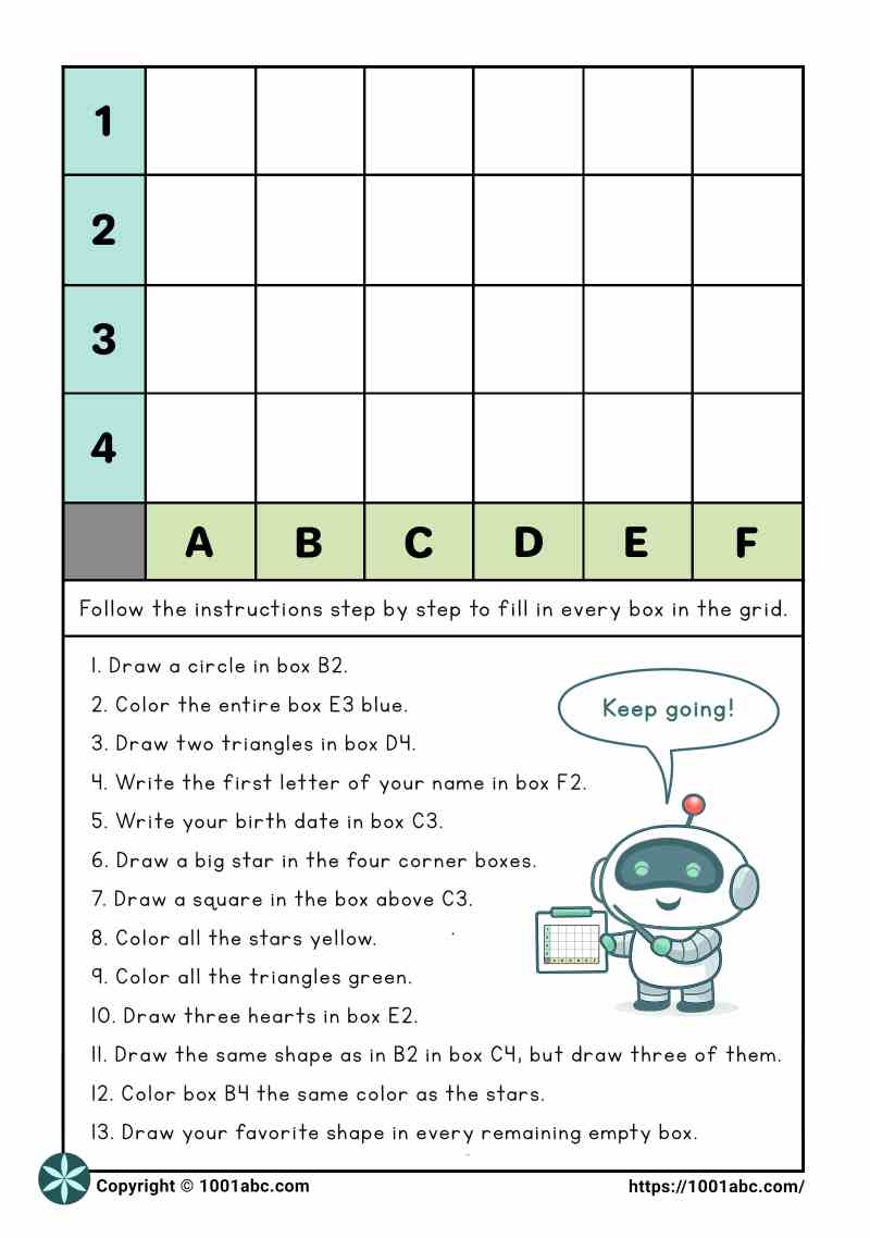 ESL logic worksheets for kids - following instruction - grid coordinate