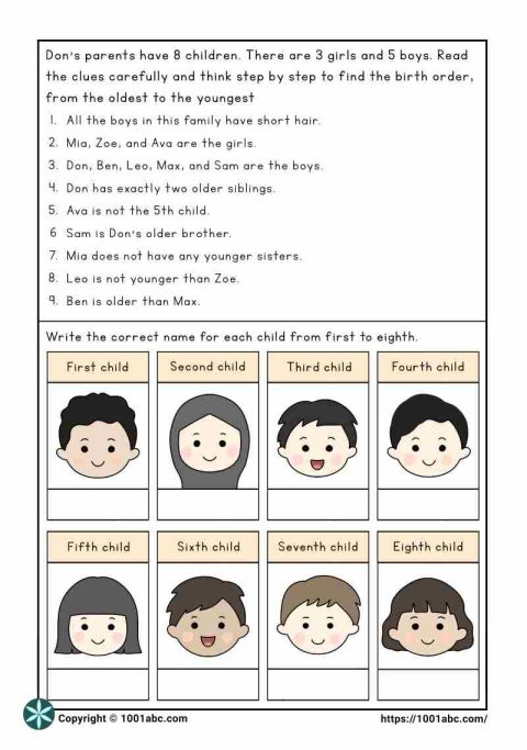 Logic puzzle worksheets for kids - birth order
