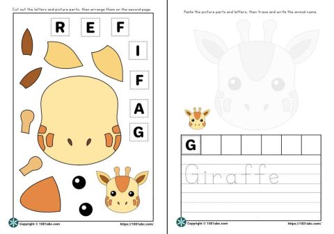 Worksheets for kids cut and paste animal giraffe