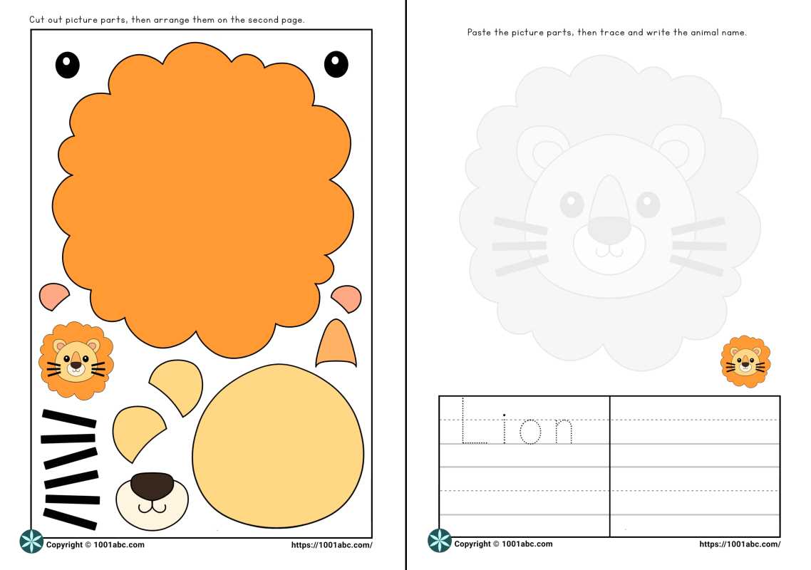 Worksheets for kids cut and paste animal lion