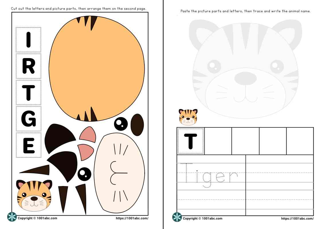 Worksheets for kids cut and paste animal tiger