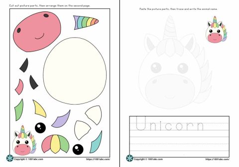 Worksheets for kids cut and paste animal unicorn