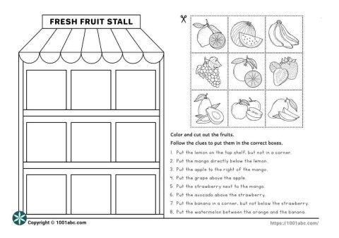 Cut and paste - fruit theme - logical thinking esl worksheets for kids