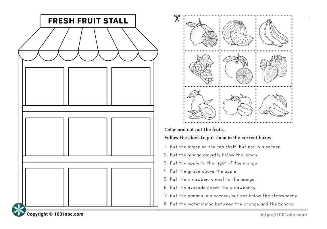 Cut and paste - fruit theme - logical thinking esl worksheets for kids
