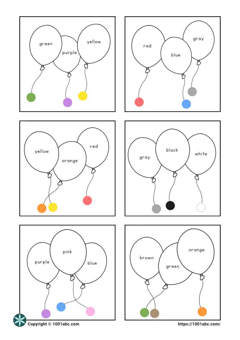 Color recognition coloring balloons preschool worksheet for kids