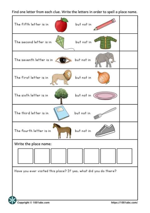ESL worksheet for kids letter logic puzzle place
