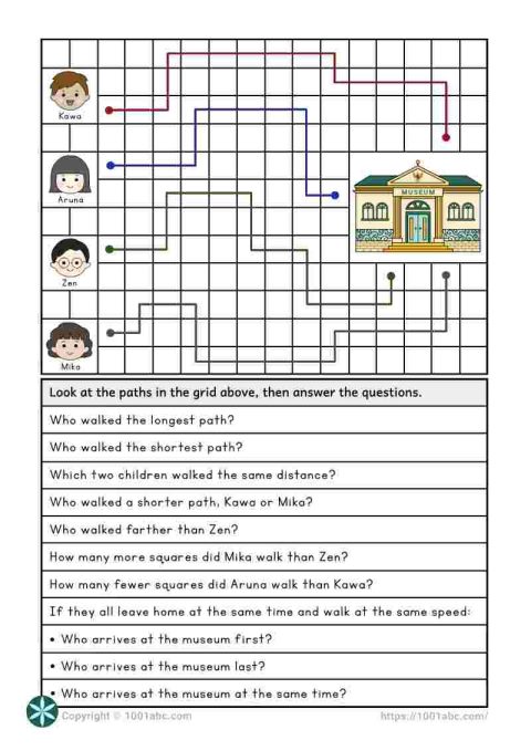 Grade 1 math worksheet for kid with grid paths for comparing distances