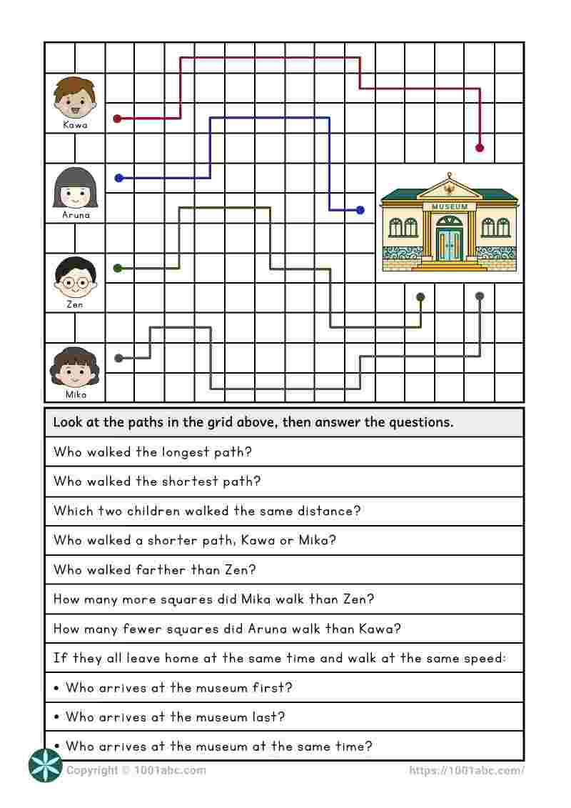 Grade 1 math worksheet for kid with grid paths for comparing distances