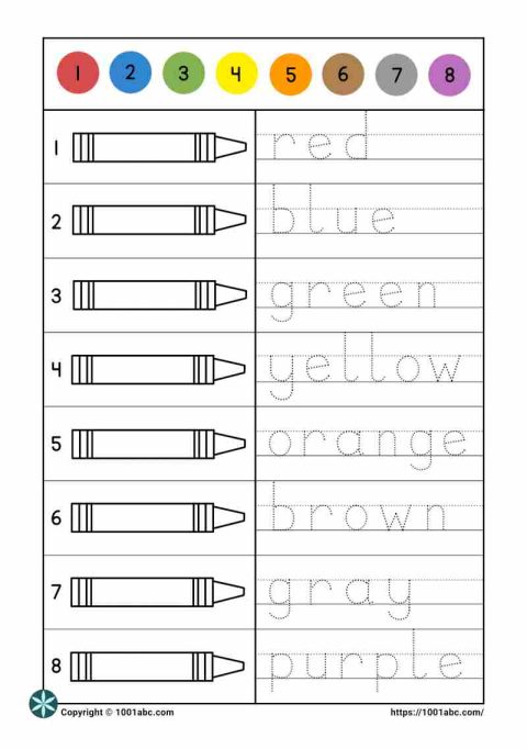 Color recognition coloring words tracing words kindergarten worksheet for kids