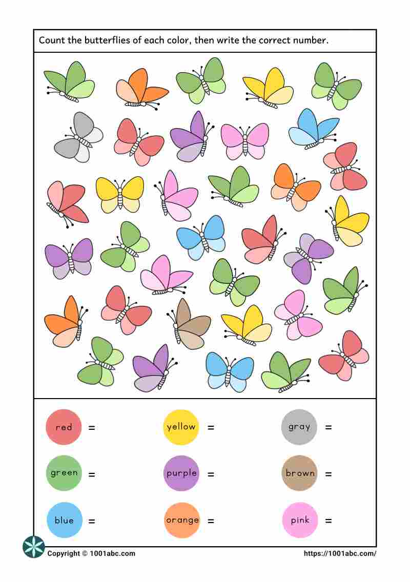 Color recognition counting butterflies kindergarten worksheet for kids