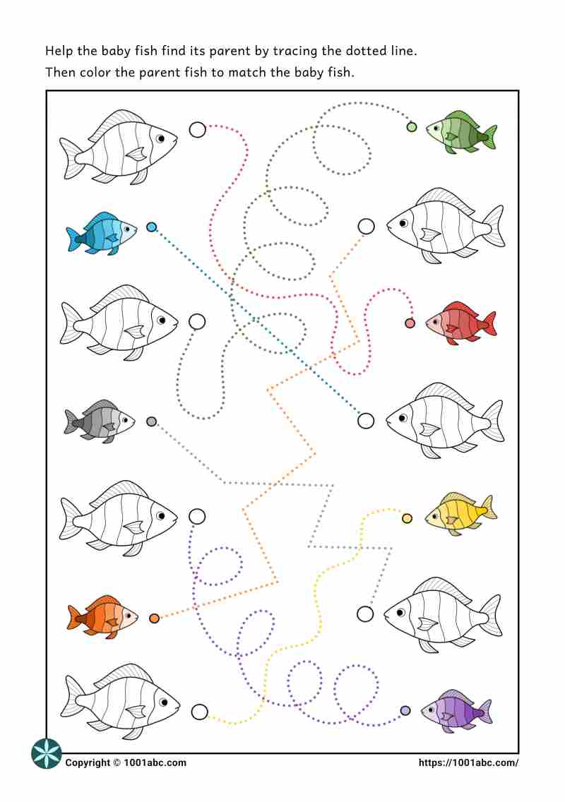 Color recognition tracing lines fish preschool kindergarten worksheet for kids