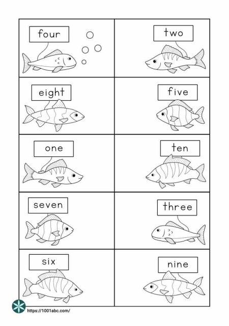 Numbers as words fish animals drawing worksheets