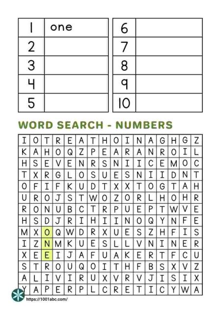 Numbers as words search worksheets