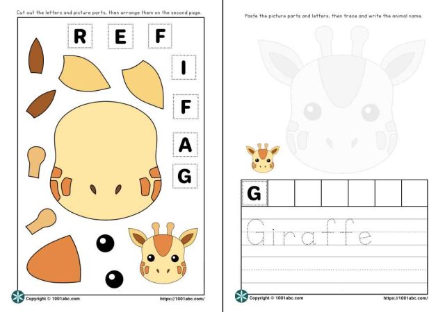 Worksheets for kids cut and paste animal giraffe