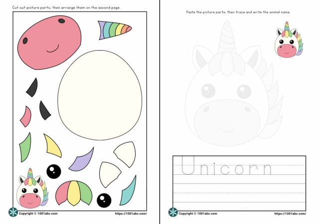 Worksheets for kids cut and paste animal unicorn