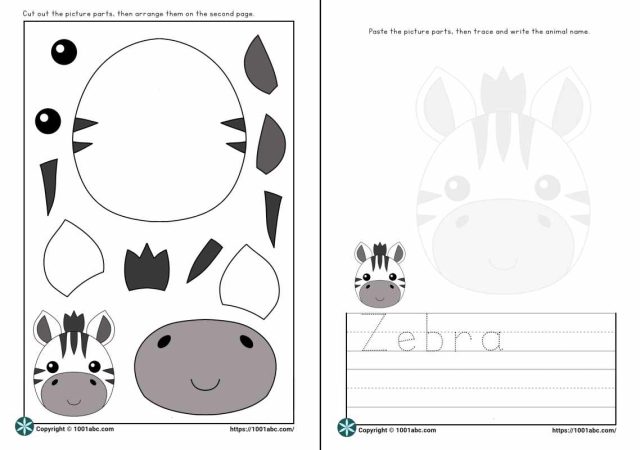 Worksheets for kids cut and paste animal zebra