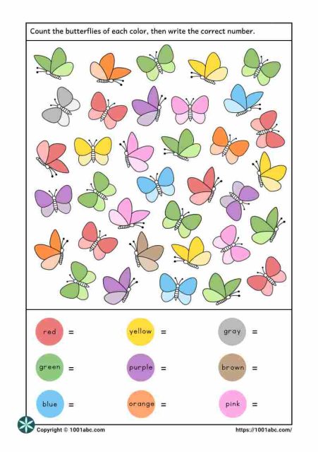 Color recognition counting butterflies worksheet for kids
