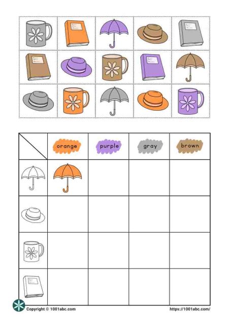 Color recognition object sorting table worksheet for kids