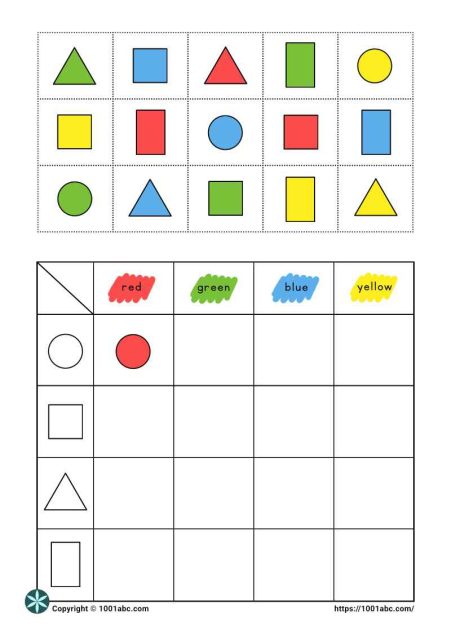 Color recognition shape sorting table worksheet for kids