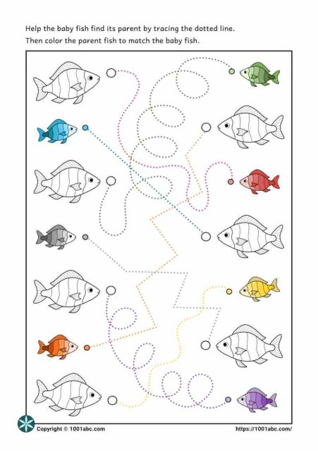Color recognition tracing lines fish worksheet for kids